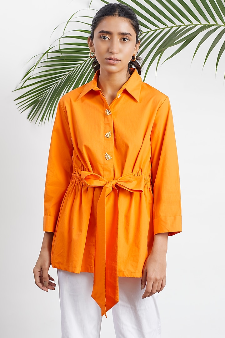 Orange Cotton Tie-Up Belted Shirt by Studio Moda India