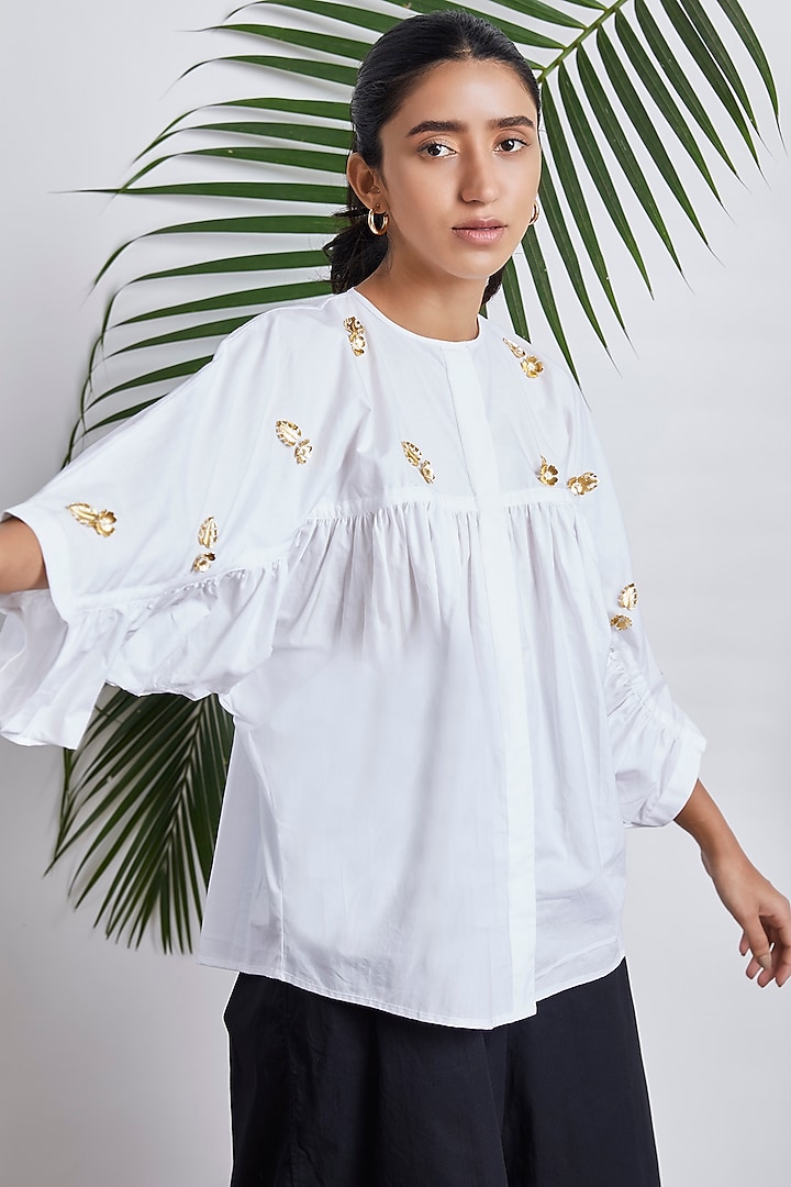 White Cotton Shirt With Metal Rivets by Studio Moda India