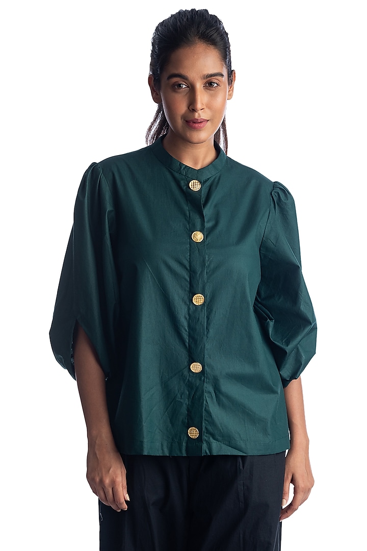 Bottle Green Cotton Shirt by Studio Moda India