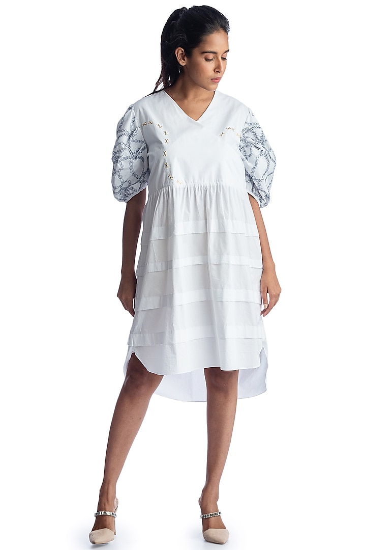 White Embroidered Cotton Dress by Studio Moda India