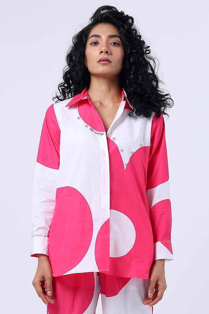 White & Pink Cotton Printed Shirt by Studio Moda India
