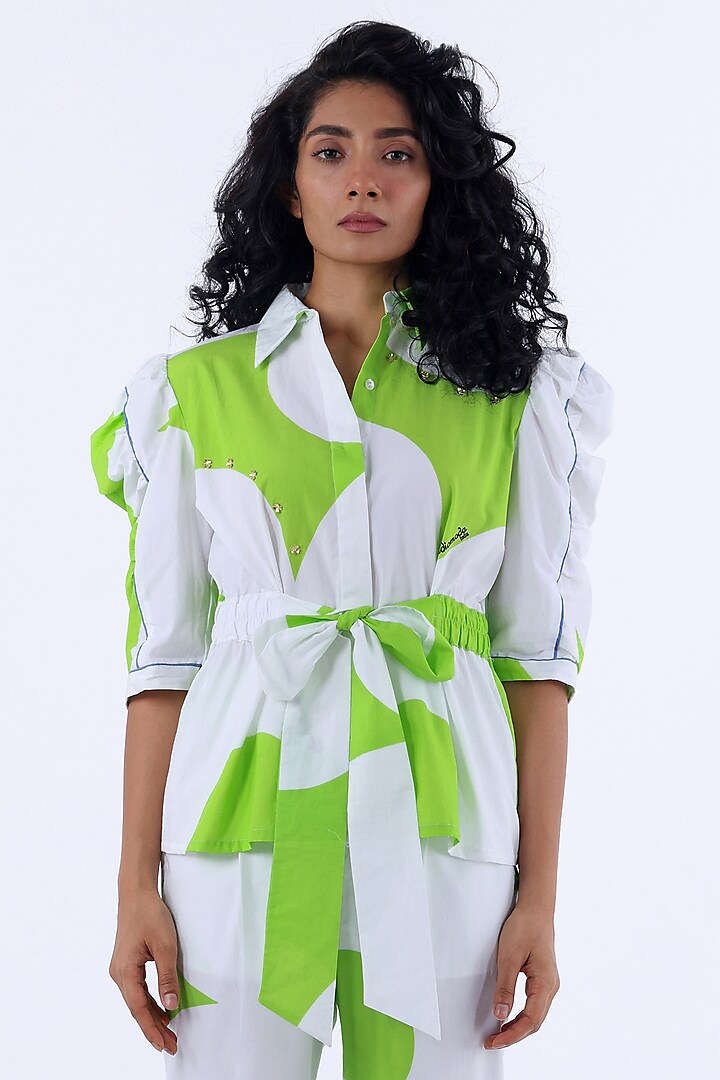 White & Green Cotton Printed Shirt by Studio Moda India