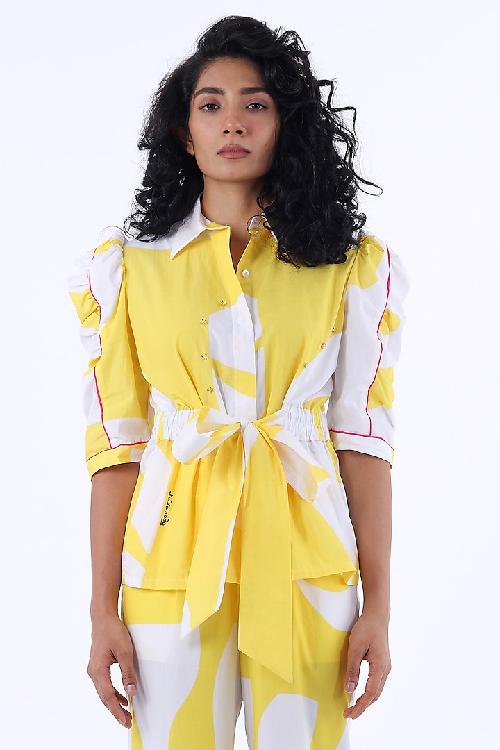 White & Yellow Cotton Printed Shirt by Studio Moda India