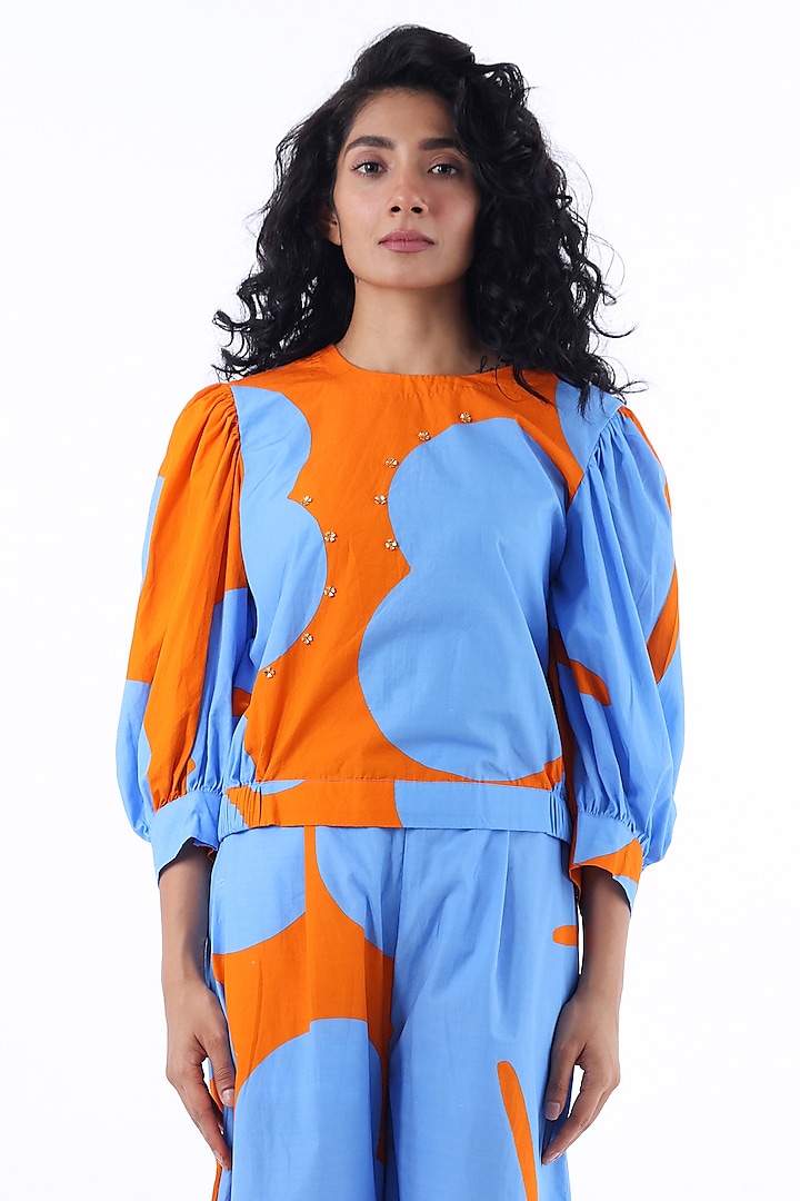 Blue & Orange Cotton Printed Crop Top by Studio Moda India