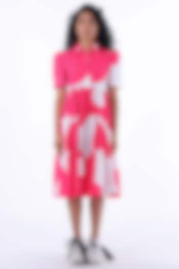 White & Pink Cotton Printed Midi Dress by Studio Moda India