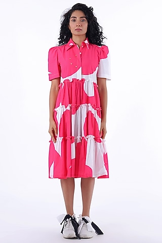 White & Pink Cotton Printed Midi Dress by Studio Moda India