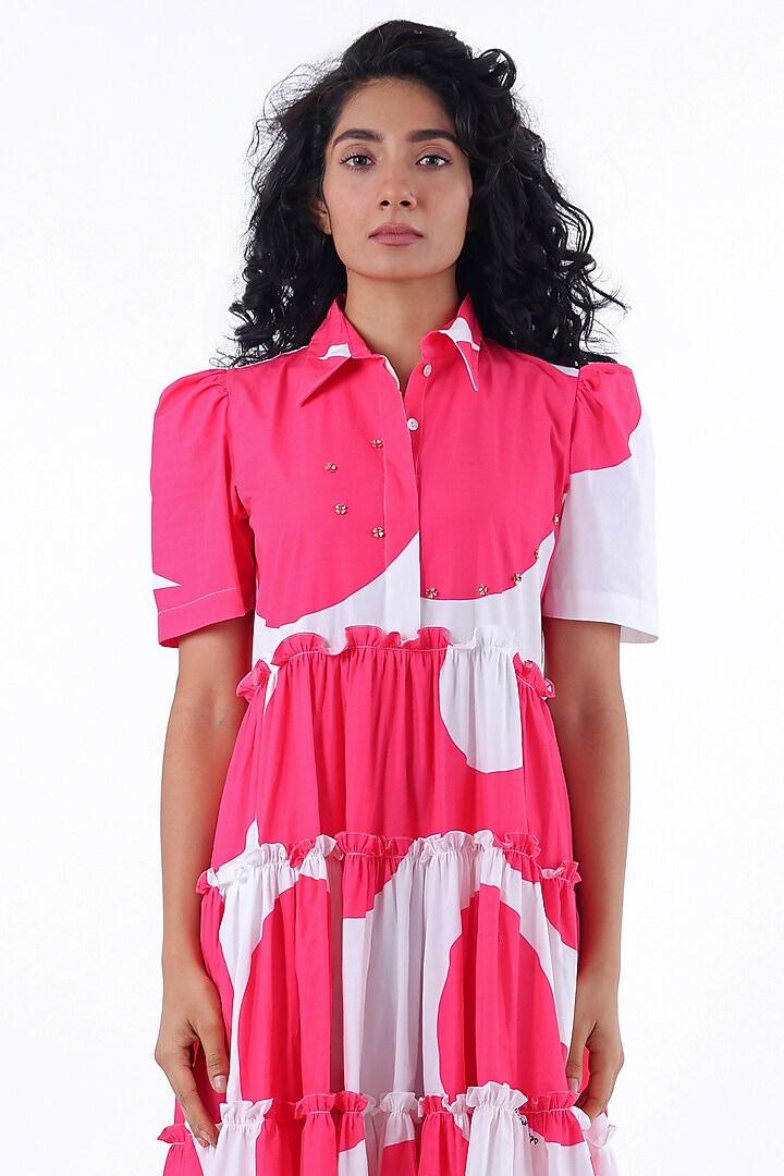 White & Pink Cotton Printed Midi Summer Dress by Studio Moda India at Pernia's Pop Up Shop
