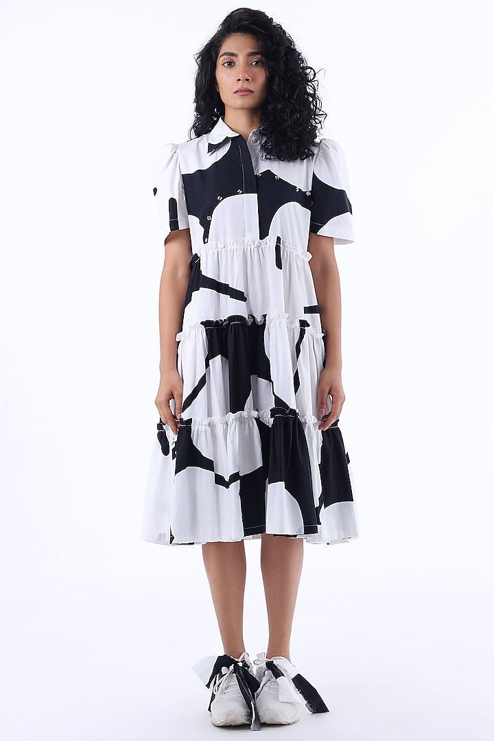 White & Black Cotton Printed Midi Dress by Studio Moda India at Pernia's Pop Up Shop