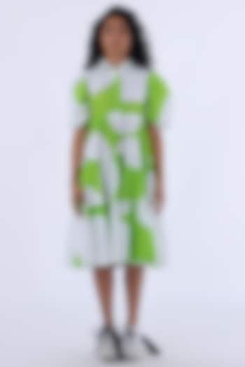 White & Green Cotton Printed Midi Dress by Studio Moda India