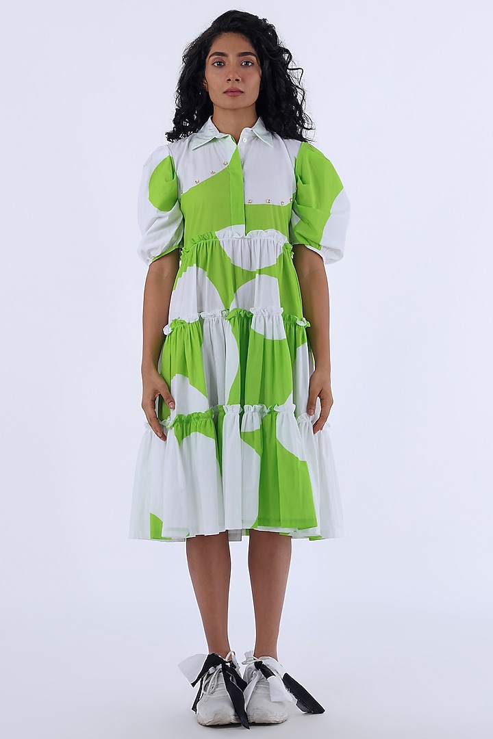 White & Green Cotton Printed Midi Dress by Studio Moda India