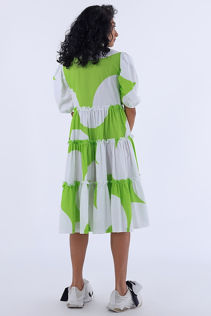 White & Green Cotton Printed Midi Summer Dress by Studio Moda India at Pernia's Pop Up Shop