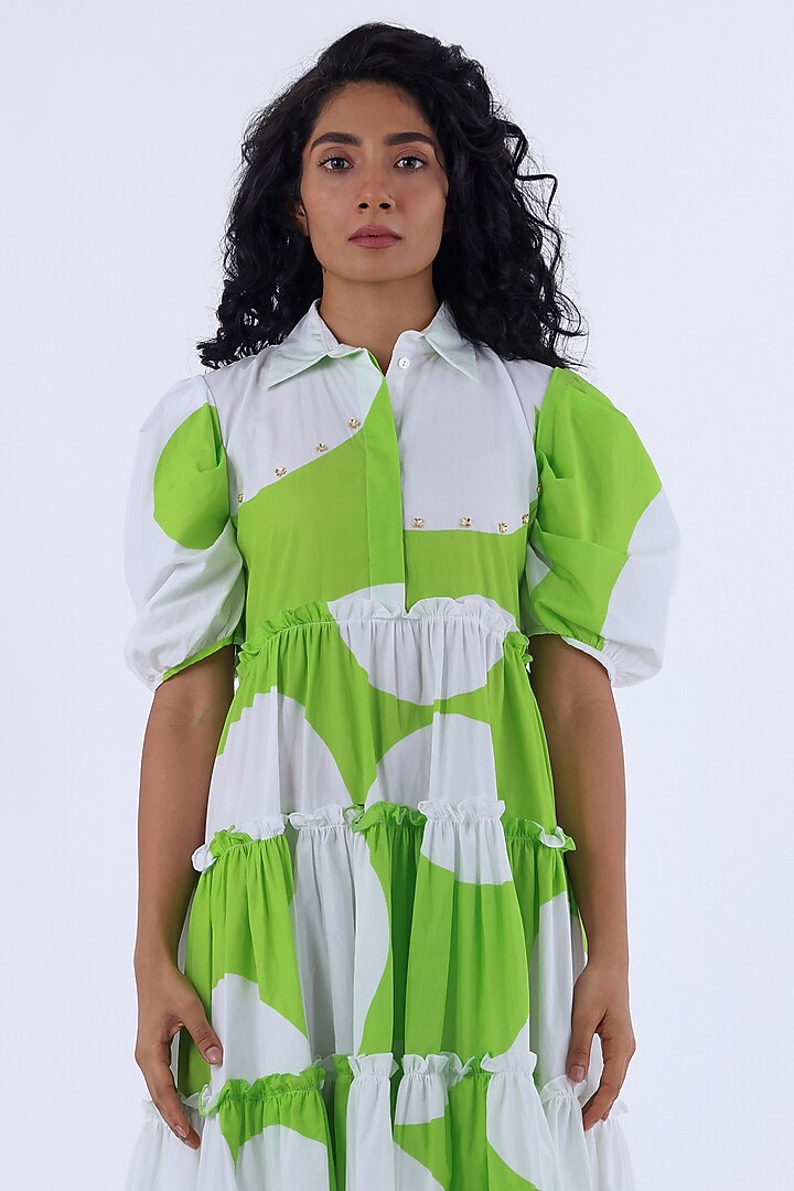 White & Green Cotton Printed Midi Summer Dress by Studio Moda India at Pernia's Pop Up Shop