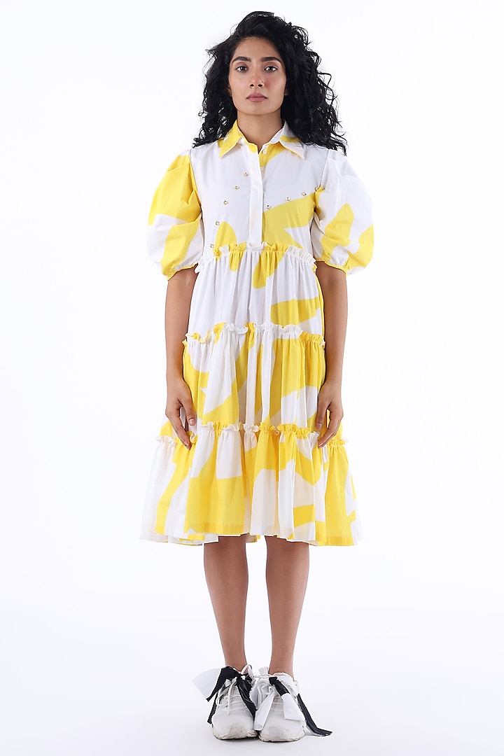 White & Yellow Cotton Printed Midi Dress by Studio Moda India