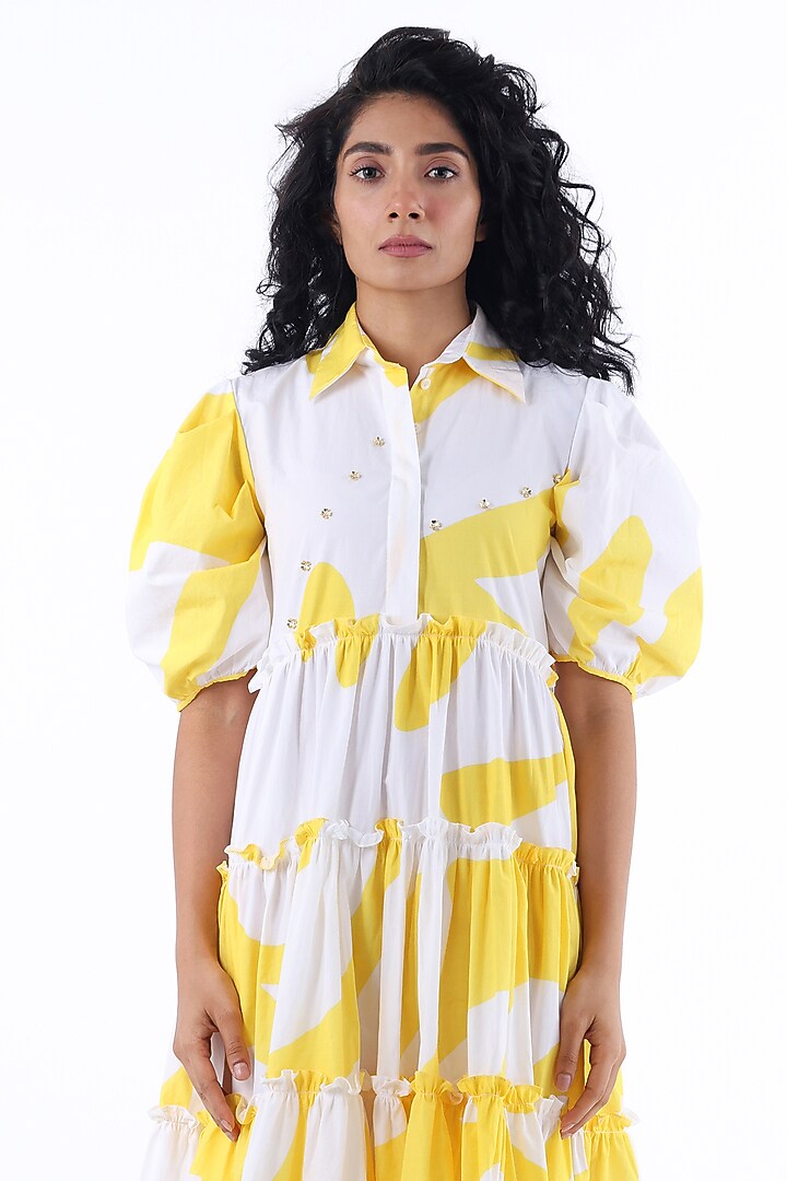 White & Yellow Cotton Printed Midi Summer Dress by Studio Moda India at Pernia's Pop Up Shop