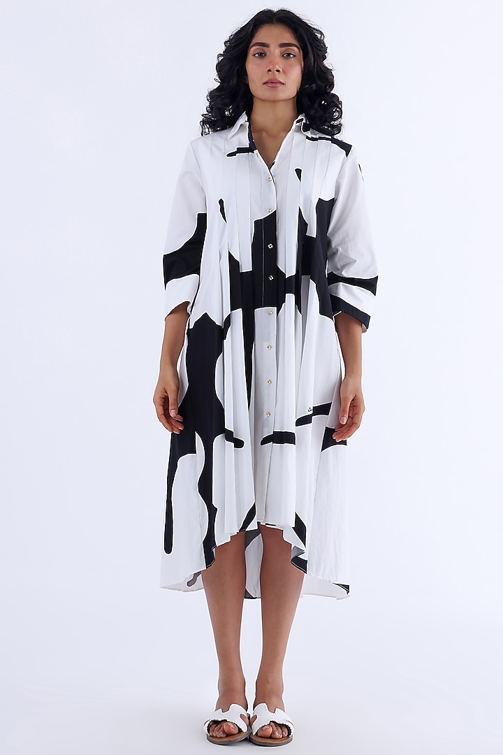 White & Black Cotton Printed Midi Summer Dress by Studio Moda India at Pernia's Pop Up Shop