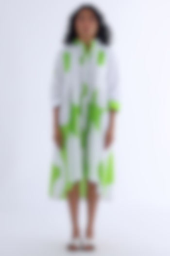 White & Green Cotton Printed Midi Summer Dress by Studio Moda India at Pernia's Pop Up Shop