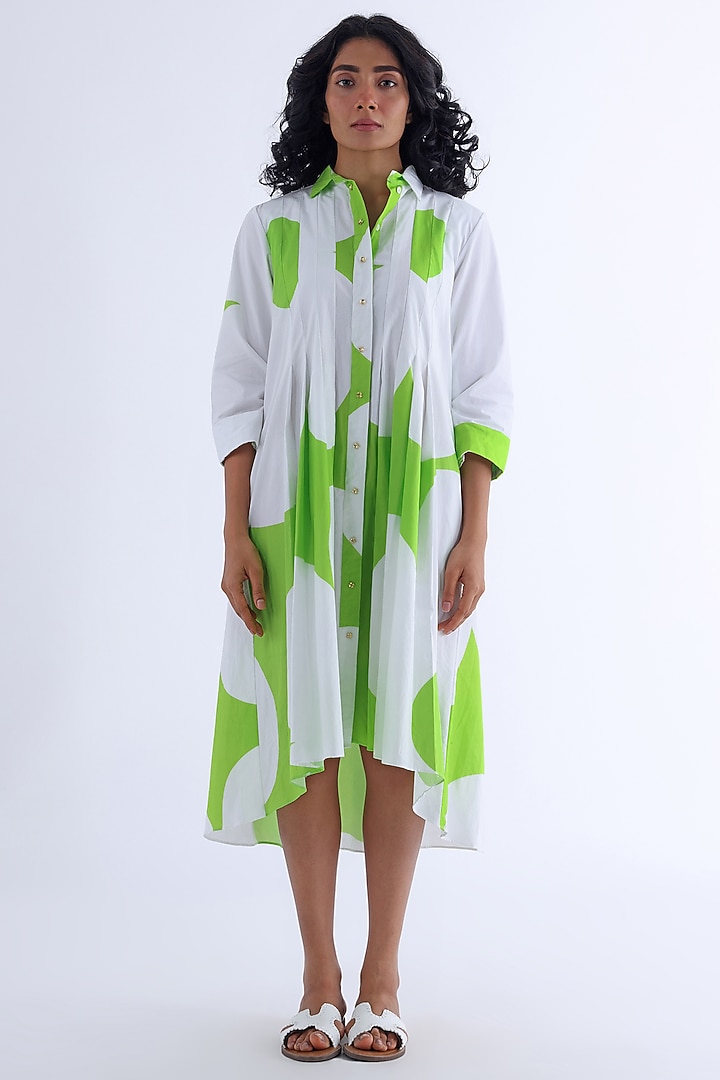 White & Green Cotton Printed Midi Summer Dress by Studio Moda India at Pernia's Pop Up Shop