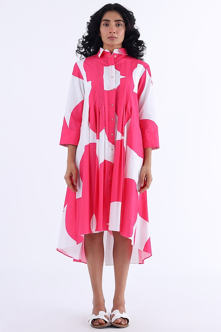 White & Pink Cotton Printed A-Line Dress by Studio Moda India