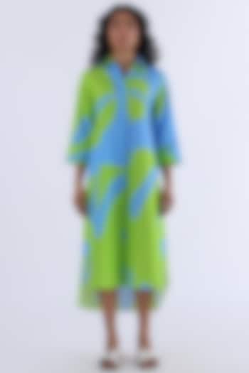 Green & Blue Cotton Printed Shirt Dress by Studio Moda India