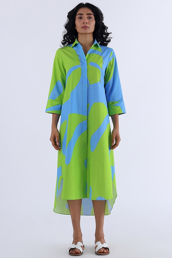 Green & Blue Cotton Printed Shirt Dress by Studio Moda India