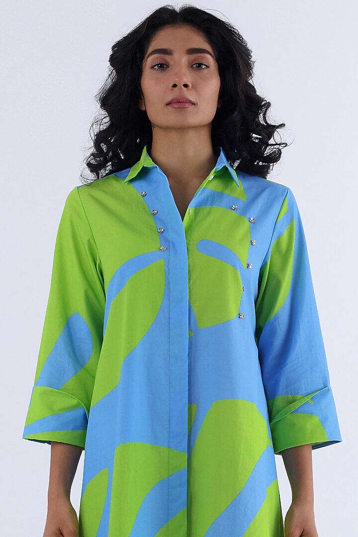 Green & Blue Cotton Printed Summer Shirt Dress by Studio Moda India at Pernia's Pop Up Shop