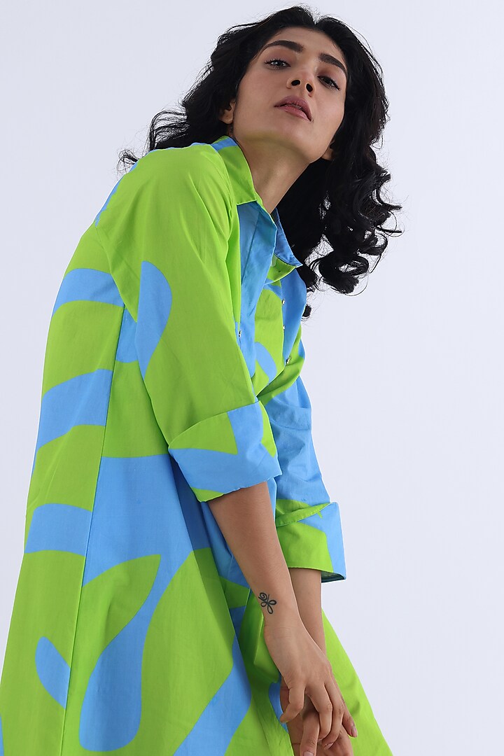 Green & Blue Cotton Printed Summer Shirt Dress by Studio Moda India at Pernia's Pop Up Shop