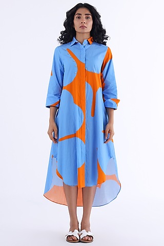 Orange & Blue Cotton Printed Shirt Dress by Studio Moda India