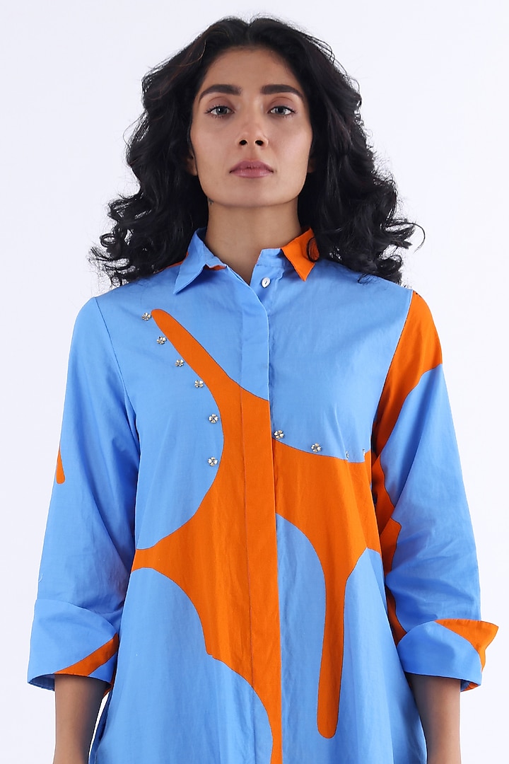 Orange & Blue Cotton Printed Summer Shirt Dress by Studio Moda India at Pernia's Pop Up Shop