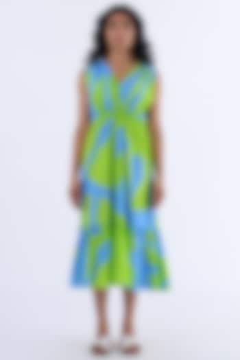 Green & Blue Cotton Printed Tiered Dress by Studio Moda India