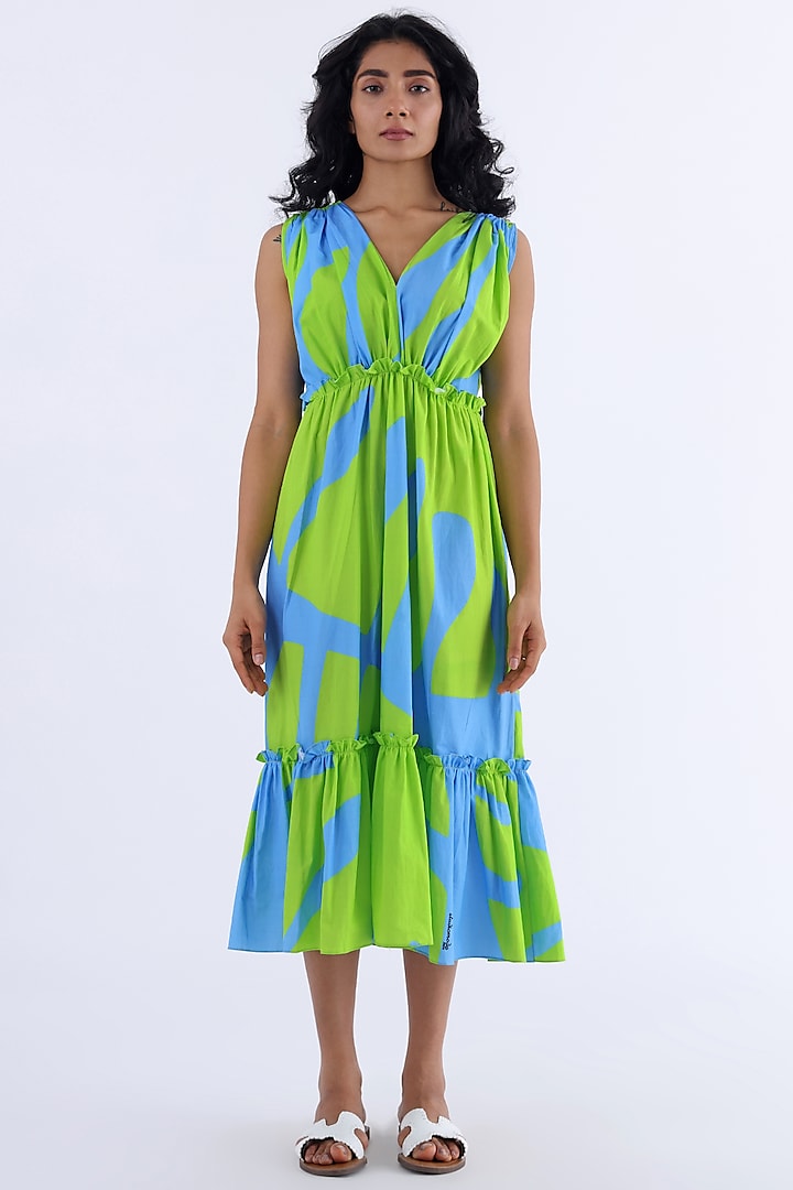 Green & Blue Cotton Printed Tiered Dress by Studio Moda India