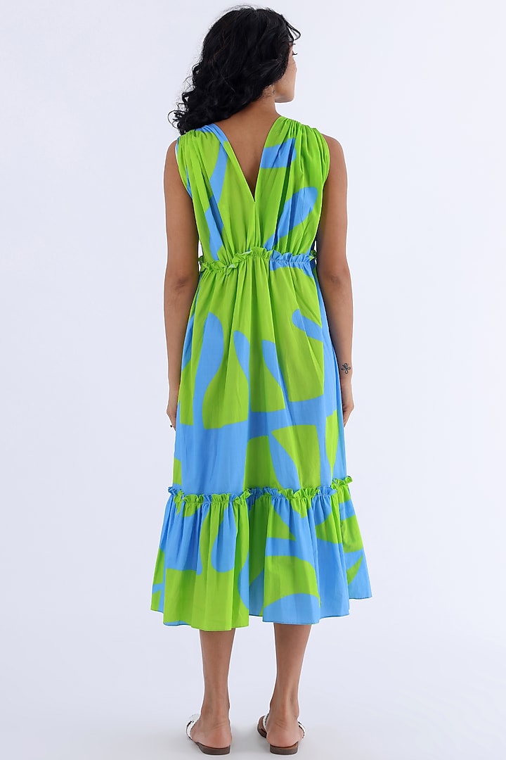 Green & Blue Cotton Printed Tiered Summer Dress by Studio Moda India at Pernia's Pop Up Shop