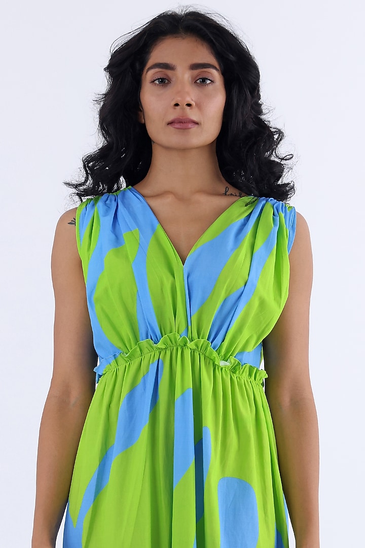 Green & Blue Cotton Printed Tiered Summer Dress by Studio Moda India at Pernia's Pop Up Shop