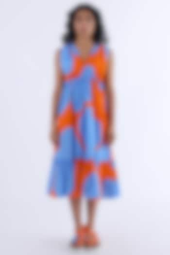 Orange & Blue Cotton Printed Tiered Dress by Studio Moda India