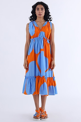 Orange & Blue Cotton Printed Tiered Dress by Studio Moda India