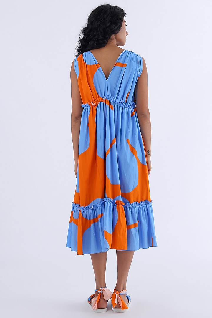 Orange & Blue Cotton Printed Tiered Summer Dress by Studio Moda India at Pernia's Pop Up Shop