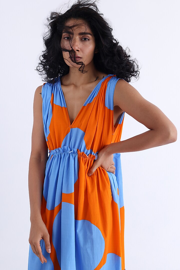Orange & Blue Cotton Printed Tiered Summer Dress by Studio Moda India at Pernia's Pop Up Shop