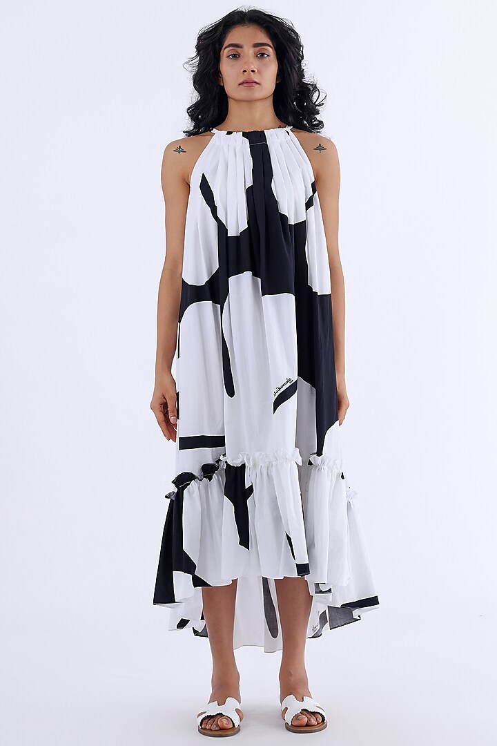 White & Black Cotton Printed Gathered Dress by Studio Moda India