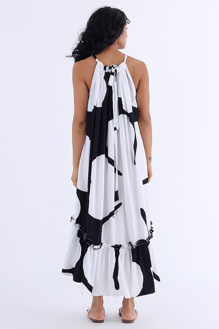 White & Black Cotton Printed Gathered Summer Dress by Studio Moda India at Pernia's Pop Up Shop