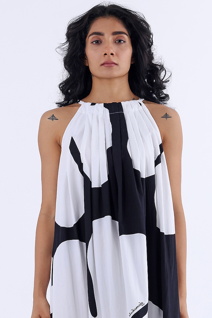 White & Black Cotton Printed Gathered Summer Dress by Studio Moda India at Pernia's Pop Up Shop