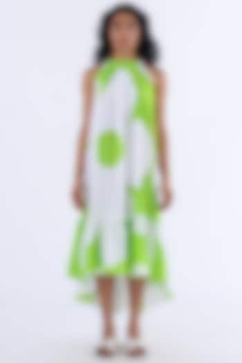 White & Green Cotton Printed Gathered Dress by Studio Moda India