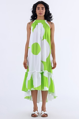 White & Green Cotton Printed Gathered Dress by Studio Moda India