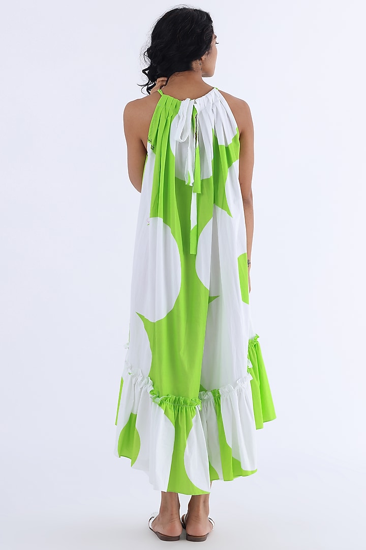 White & Green Cotton Printed Gathered Summer Dress by Studio Moda India at Pernia's Pop Up Shop