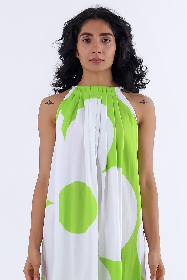 White & Green Cotton Printed Gathered Summer Dress by Studio Moda India at Pernia's Pop Up Shop