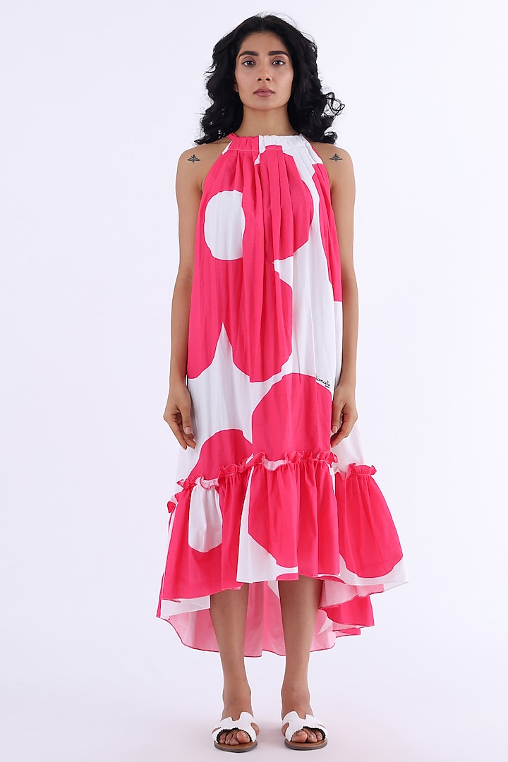 White & Pink Cotton Printed Gathered Dress by Studio Moda India
