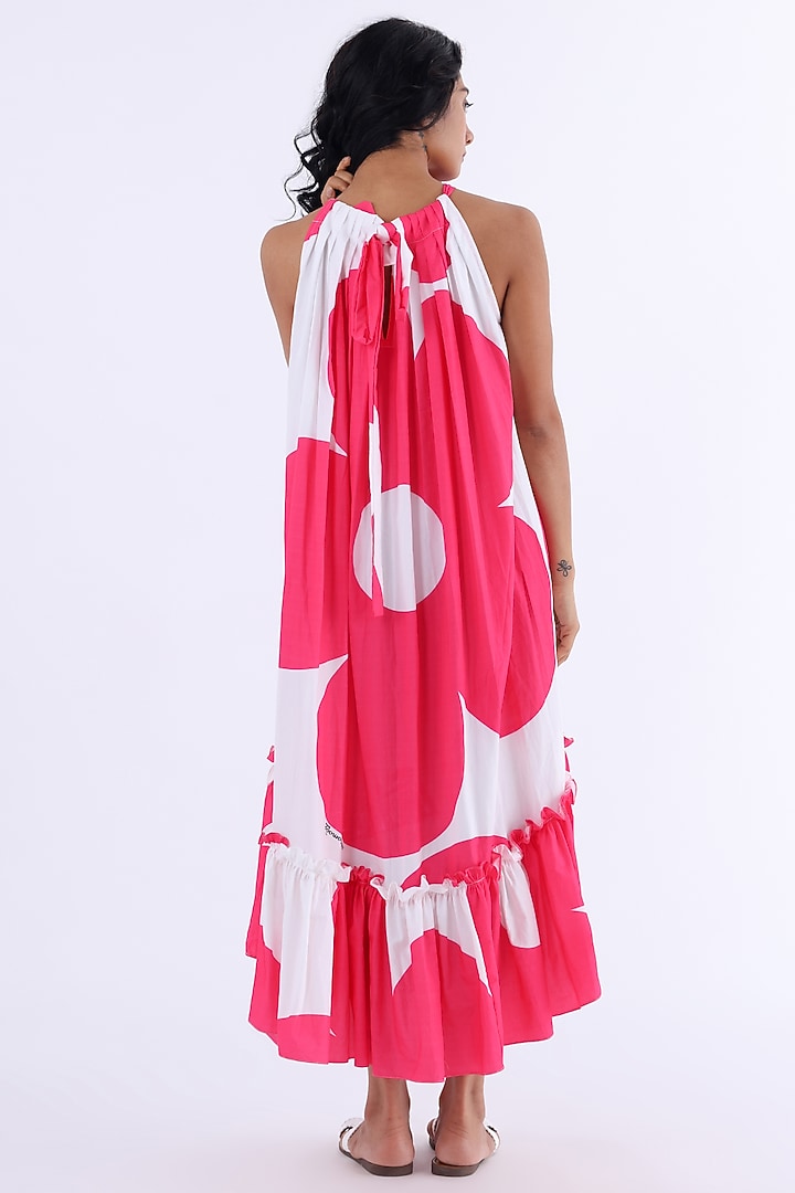 White & Pink Cotton Printed Gathered Summer Dress by Studio Moda India at Pernia's Pop Up Shop