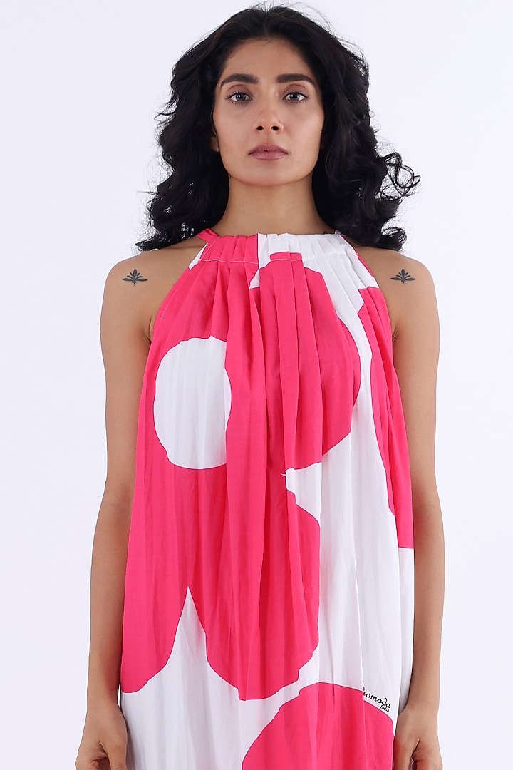White & Pink Cotton Printed Gathered Summer Dress by Studio Moda India at Pernia's Pop Up Shop