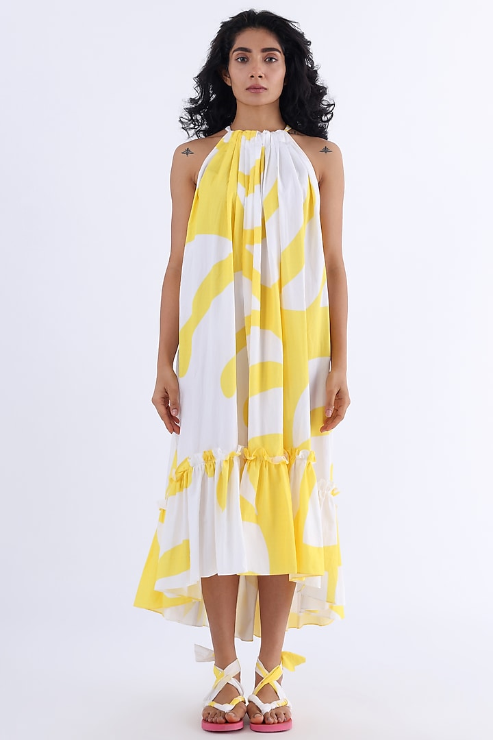 White & Yellow Cotton Printed Gathered Dress by Studio Moda India
