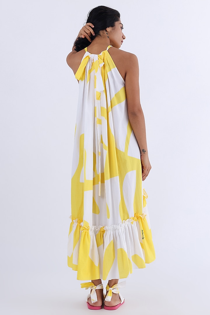 White & Yellow Cotton Printed Gathered Summer Dress by Studio Moda India at Pernia's Pop Up Shop