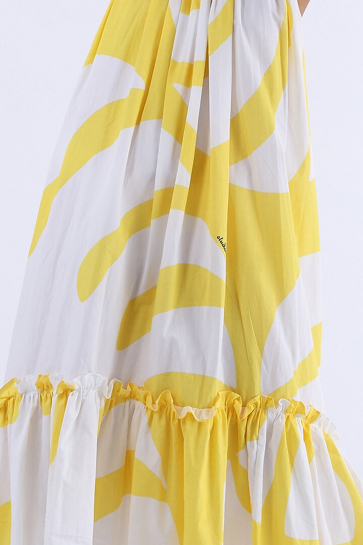 White & Yellow Cotton Printed Gathered Summer Dress by Studio Moda India at Pernia's Pop Up Shop