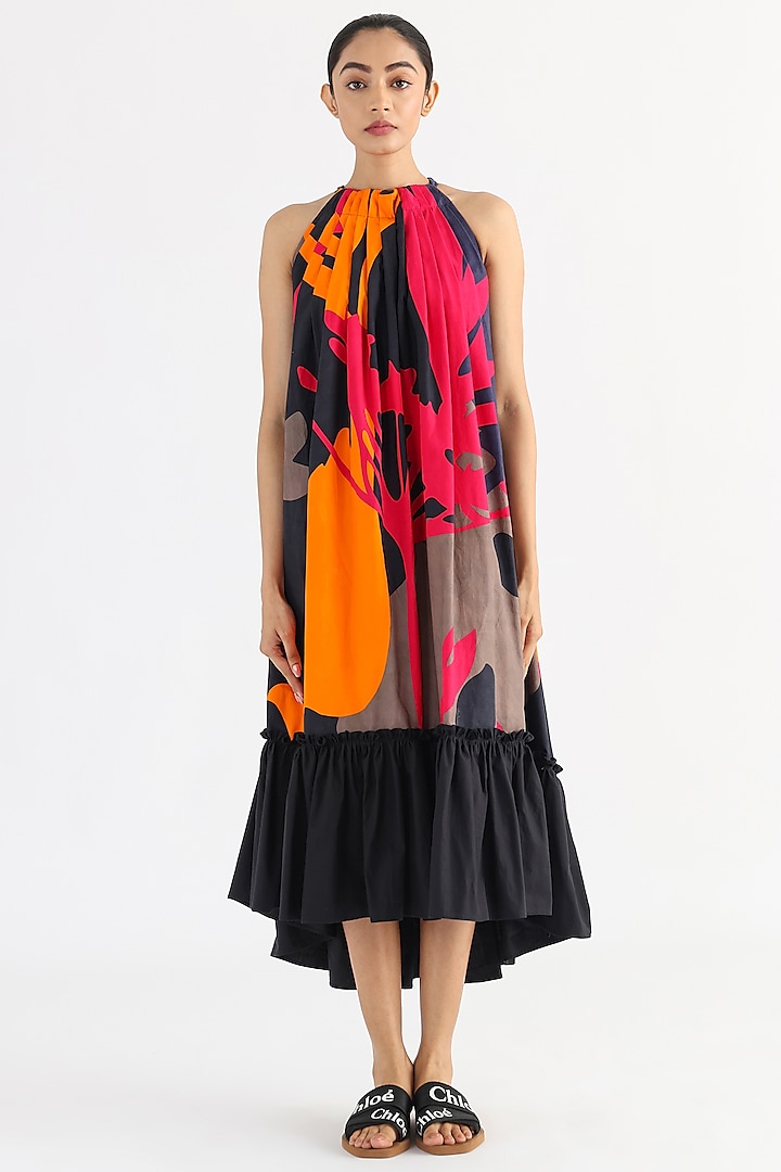 Black Poplin Printed Halter Dress by Studio Moda India
